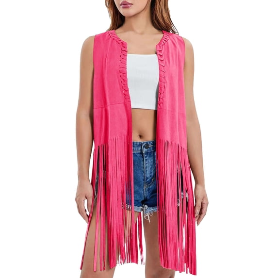 Ediodpoh Womens Fringe Vest 70s Hippie Sleeveless Western Suede Tassel Cardigan Outerwear Hot Pink L