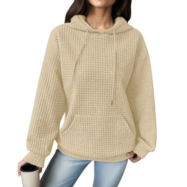 Ediodpoh Womens Hoodie with Loose Pullover Waffle Knit Long Sleeve Spliced with String Pocket Hoodie Sweater Sweatshirts for Women Beige_001 L