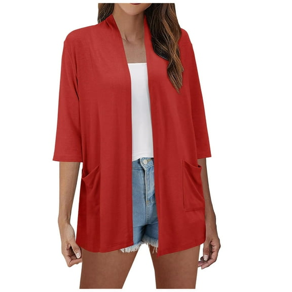 Ediodpoh Womens Lightweight Open Front Cardigan for Women Summer Fall Outwear Thin Cover Ups Three Quarter Sleeve Red S