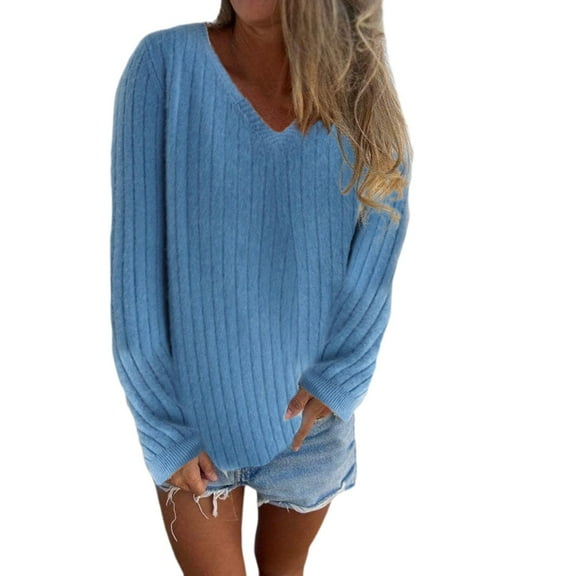Ediodpoh Womens Long Sleeve Lightweight V Neck Sweater Knit Tops Knit Tops for Women for Casual and Everyday Wear Sky Blue XXL