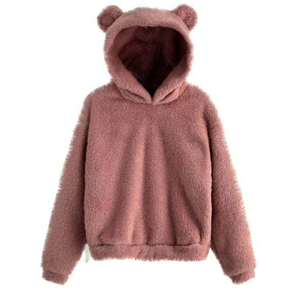 Ediodpoh Womens Long Sleeve Solid Bear Shape Fuzzy Hoodie Coat Warm Pullover Sweatshirt Cute Rabbit Ear Design Womens Hoodies Deep Pink XXL