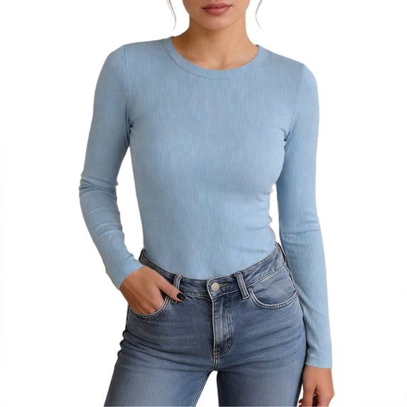 Fgnfyis Womens Long Sleeve Tops Stretch Crewneck Ribbed T Shirt Fitted Casual Basic T Shirts for Women Light Blue#2 XS