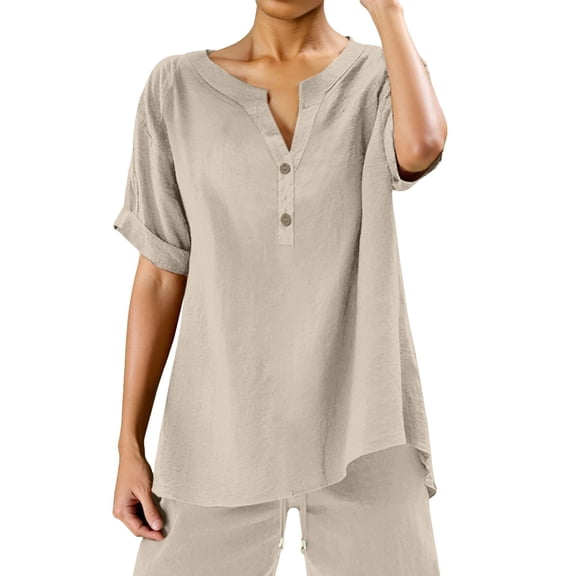 Ediodpoh Womens Loose Buttons Down Blouse Tops Solid Casual Short Sleeve Shirt Blouse Womens Tops Casual Beige XXL
