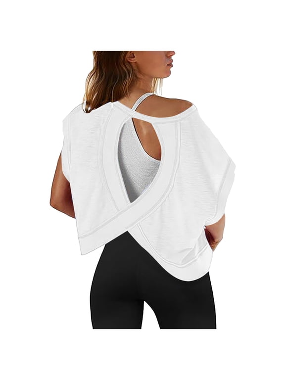 Womens Tops Womens Open Back Workout Tops Backless Short Sleeve Athletic Shirt Running Crop Top Gym Yoga Tee T Shirts for Women White S