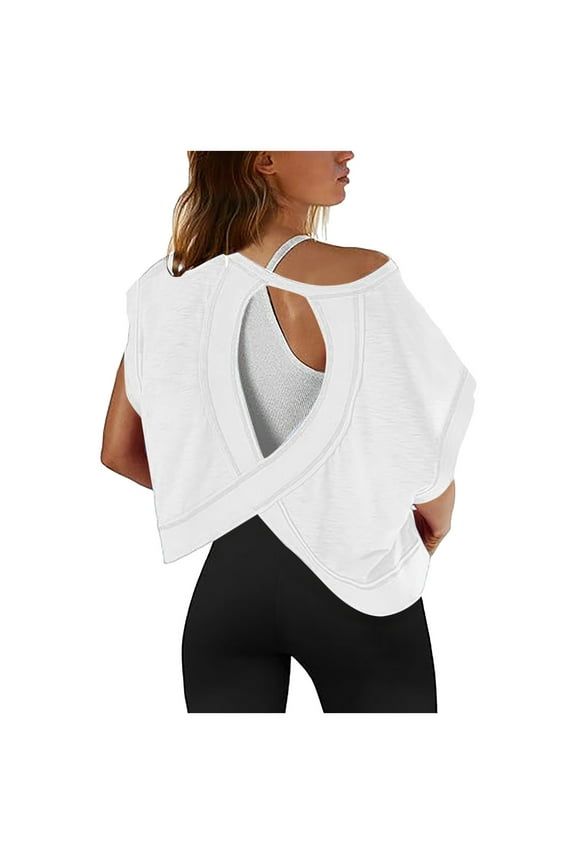 Womens Open Back Workout Tops Backless Short Sleeve Athletic Shirt Running Crop Top Gym Yoga Tee Womens T Shirts White S