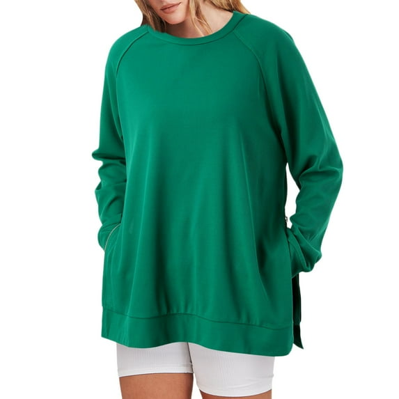 Ediodpoh Womens Oversized Crew Neck Pullover Sweatshirt with Side Zippered Slits Loose Fit Long Sleeve Top Fall Sweatshirts for Women Green L