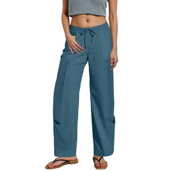 Ediodpoh Womens Pants Casual Solid Color Loose Trousers with Pockets and Elastic Waist Comfortable Long Pants Blue S