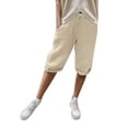 thumbnail image 1 of Riforla Womens Pants Fashion Solid Large Pocket Elastic Casual Cropped Pants 5/7 Shorts with Pockets Light Khaki XL, 1 of 7