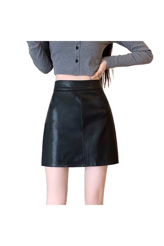 Womens Skirt Pure Colored Short Tight Skirt with Slit Pu Mini Skirts for Women Black L