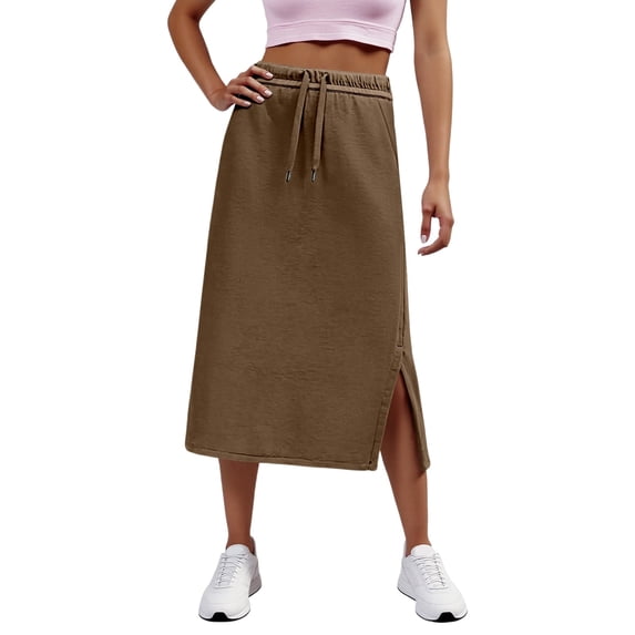 Ediodpoh Womens Skirt Women's High Waist Solid Color Casual Drawstring Side Slit Skater Skirt with Pockets Stretchy Comfortable A Line Coffee XL
