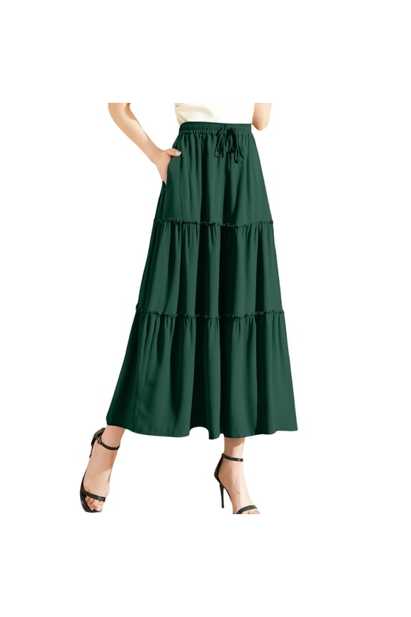 Ediodpoh Womens Skirt Women's Summer Layered Skirt with Wooden Ear Trim High Waist Elastic Lace Skirt with Ruffled Edge Green S