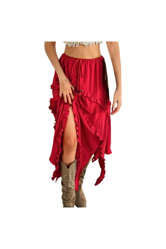 Womens Skirts Spring Summer Leisure Holiday Wind Solid Color Lace Lace up Waist Mid Length Skirt for Women Skirts for Women Midi Length Red S