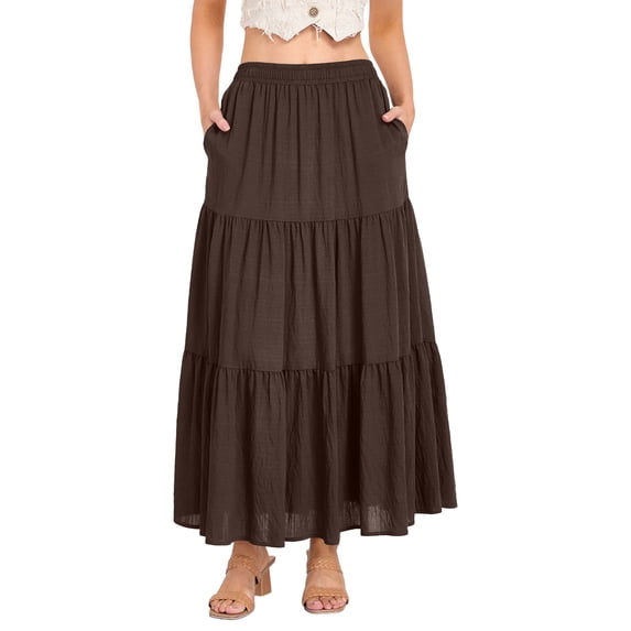 Ediodpoh Womens Skirts Summer Casual Smock Layered Tiered High Waisted A Line Flowy Long Skirt with Pockets and Maxi Skirts for Women Brown M