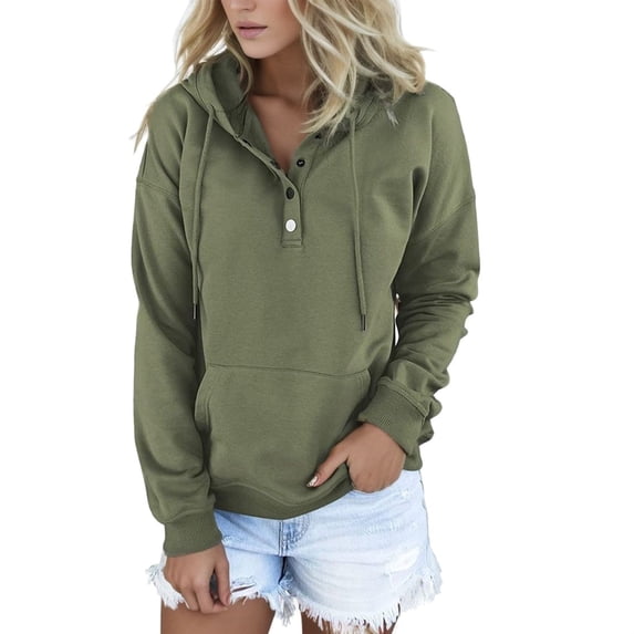 Ediodpoh Womens Solid Color Hooded Long Drawstring Pocket V-Neck Button Detail Pullover Casual Sweatshirt Lined Top Womens Hoodies Green XXXL