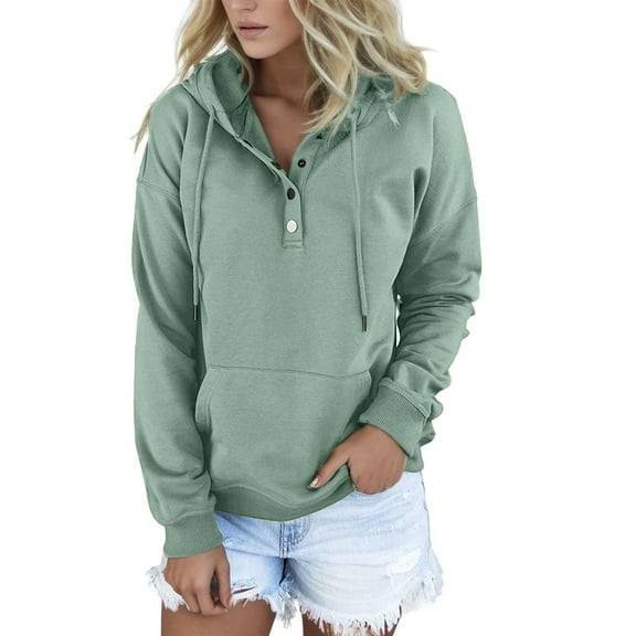 Ediodpoh Womens Solid Color Hooded Long Drawstring Pocket V-Neck Button Detail Pullover Casual Sweatshirt Lined Top Womens Hoodies Mint Green XL