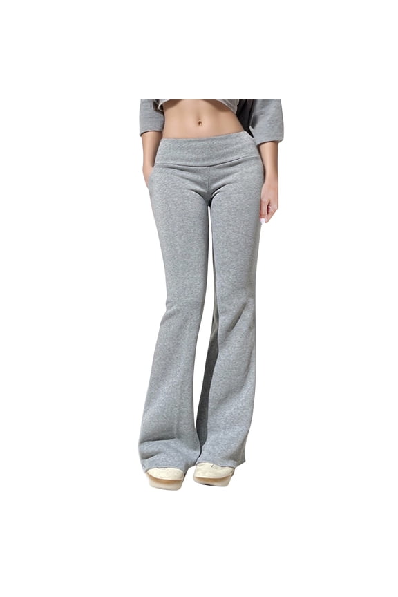 Womens Solid Color Large Folding Bottom Pants Sports Pants Elastic Bottom Pants Low Waist Flared Warm Winter Winter Pants for Women Grey XS