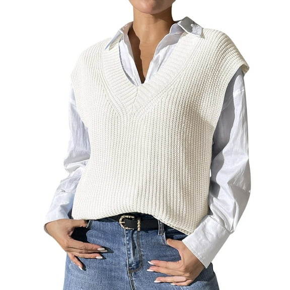 Ediodpoh Womens Solid Color Sweater Vest Loose V Neck Cute Sleeveless Knitted Casual Pullover Tops Outerwear Sweater Vest White