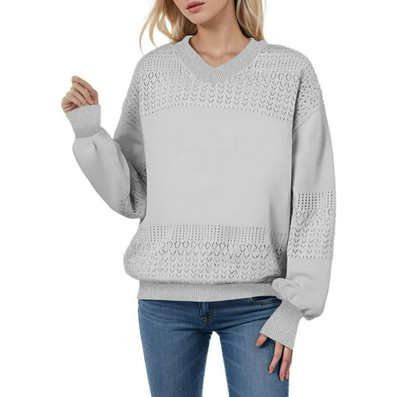 Ediodpoh Womens Solid Color V Neck Cutout Knit Rib Sweater Womens Sweaters Grey M