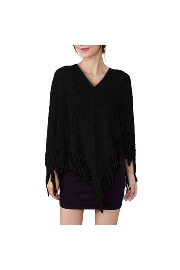 Womens Spring Summer Casual Shawl Knitted Geometric Pattern with Tassel Decoration Lightweight Wrap Black