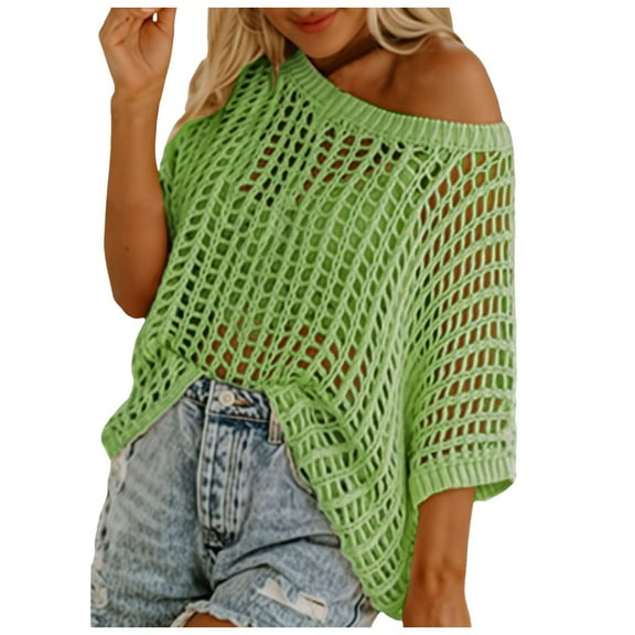 Ediodpoh Womens Summer Scoop Neck Short Sleeve Sweater Casual Crochet Hollow Out Knit Tops Pullover Shirts Beach Cover Up Womens Tops Green L
