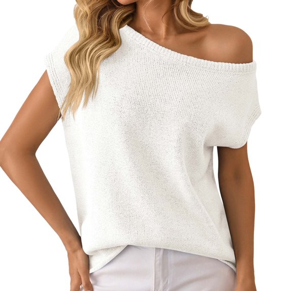 Ediodpoh Womens Summer off The Shoulder Knit Tops Casual Short Sleeve Oversized Tunic T Shirt Knit Tank Tops for Women White M