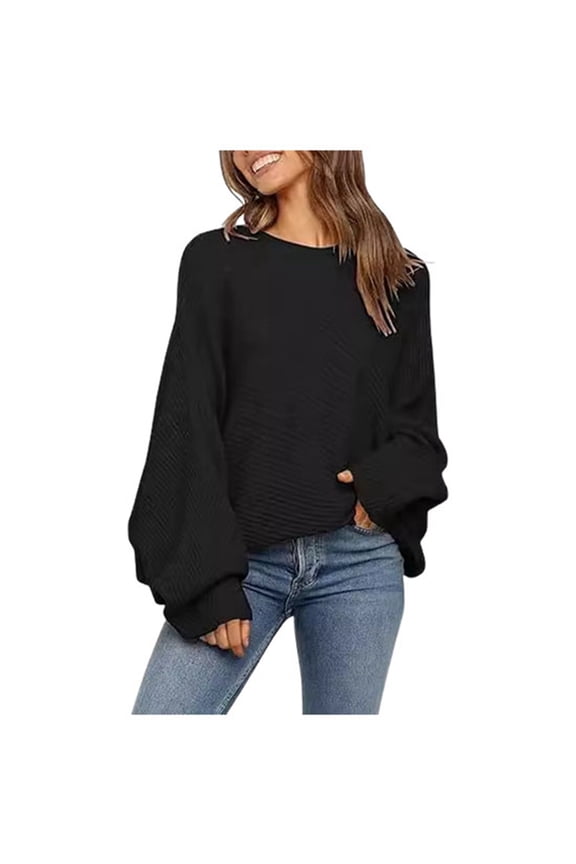 Womens Sweaters Batwing Long Sleeve Knit Solid Color Relaxed Fit Pullover Top Casual Black XXXL