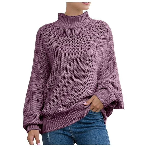 Ediodpoh Womens Sweaters Knit Batwing Sleeve Roll Neck Europe America Style Cozy Winter Purple S