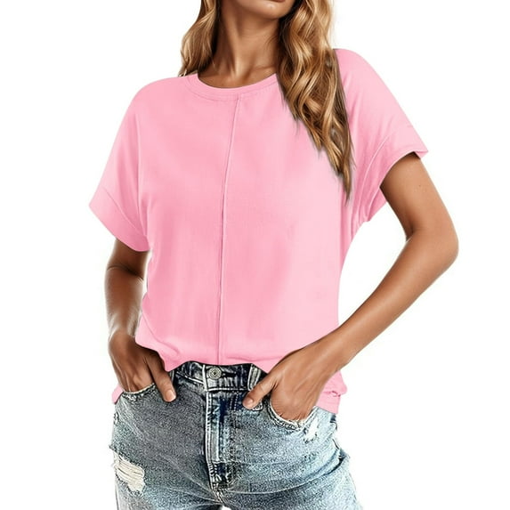 Ediodpoh Womens T-Shirts Round Neck Solid Color Raglan Short Sleeve Casual Top Comfortable Stylish Everyday Wear Women's Tops RD1 M