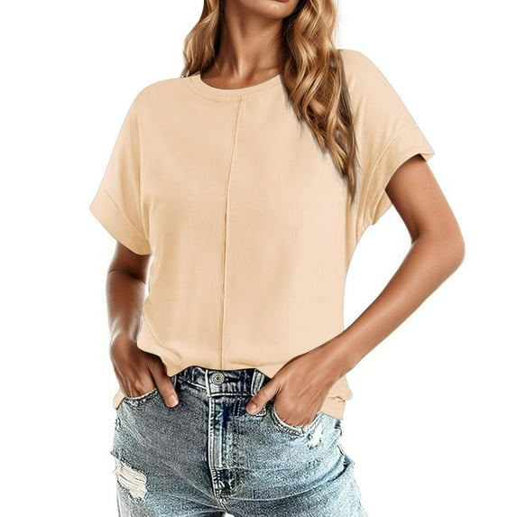 Ediodpoh Womens T-Shirts Round Neck Solid Color Raglan Short Sleeve Casual Top Comfortable Stylish Everyday Wear Women's Tops Yellow L