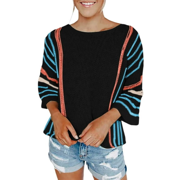 Ediodpoh Womens Top Flared Sleeve Sweater Womens Fashion Vertical Stripe Color Matching Sweater Sweaters for Women Black L