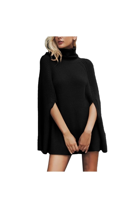 Ediodpoh Womens Turtleneck Poncho Knitted Sweater Batwing Sleeveless Hem Side Slit Pullover Tops Soild Loose Cape Shawl Sweater Dress Black M