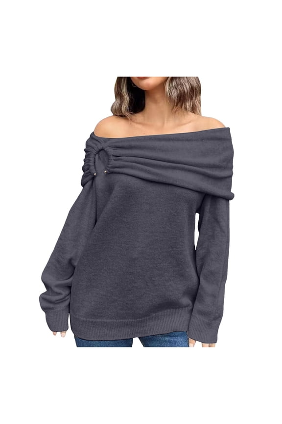 Ediodpoh Womens off The Shoulder Sweater Top Fall Knitted Long Sleeve Loose Fold Over Pullover Sweaters Oversized Sweaters for Women Grey L