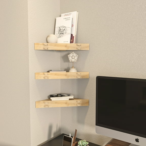 Edis Corner Shelf Wall Mount, Set of 3 Floating Shelves for Storage and Display, Natural Oak Finish Wood Shelves for Bedroom, Kitchen, Living Room and Office Natural Oak Finish