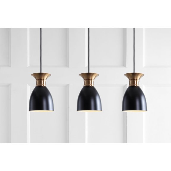 JONATHAN Y Edison 33.25" Linear 3-Light Metal Linear LED Pendant, Black/Brass Gold