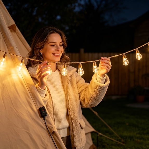 Edison Bulb String Lights Outdoor 20 Lights Battery Operated with Remote Christmas Patio Backyard Decoration Hemp Rope String Lights