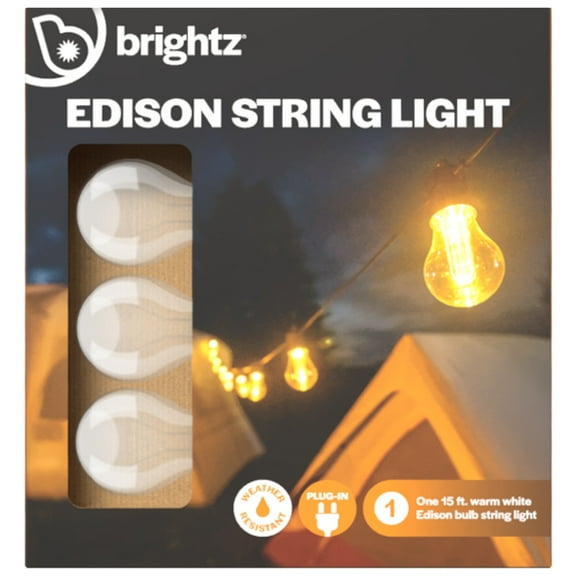 Brightz Edison Bulbs Light String  15ft Plug-In Patio Lights, Warm White