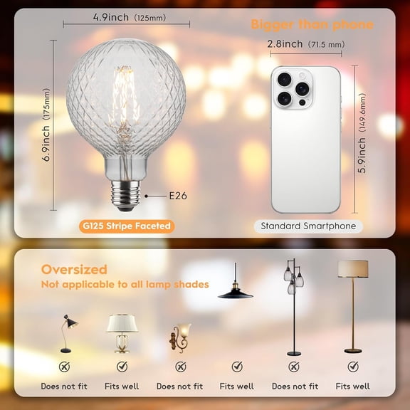 Edison Filament Bulb Pineapple Faceted, Vintage Light Bulb Clear Crystal, G125 Large Round LED Bulb, 4W Dimmable E26 Medium Base, Decorative Cut Glass Light, 1 Pack
