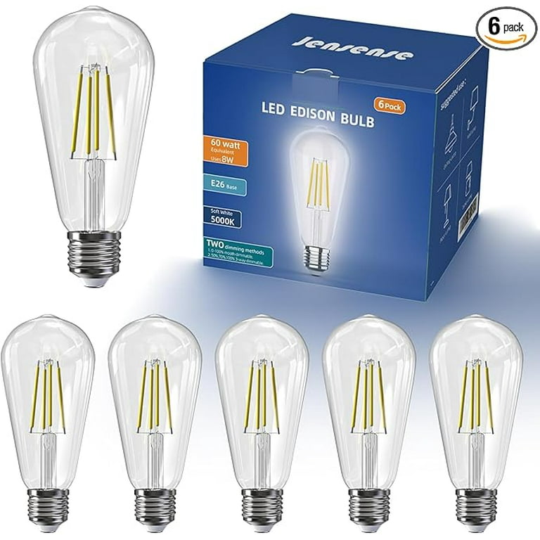 Edison LED Light Bulbs 8Watt Dimmable Light Bulbs 5000K Daylight White E26 LED Bulb 60watt Equivalent LED Vintage Bulbs 800lm CRI 90 Clear Glass 6 Packs Walmart