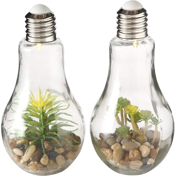 Edison Light Up Succulent Garden Terrariums, Set of 2, Clear Glass, Pebbles, Plastic and LED Blub, Push-Button On/Off Switch, 9 Inches, Batteries Included