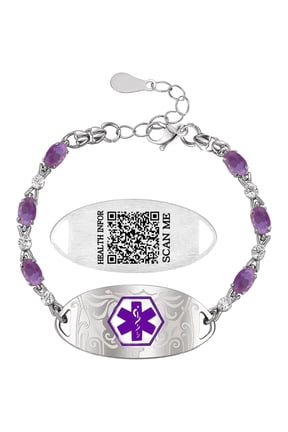 Editable QR Code Medical Alert Bracelet for Women, Purple Zirconia Stainless Steel Medical ID Bracelet, Scan to View Emergency Information, Lightweight for Daily Sports Travel Wear