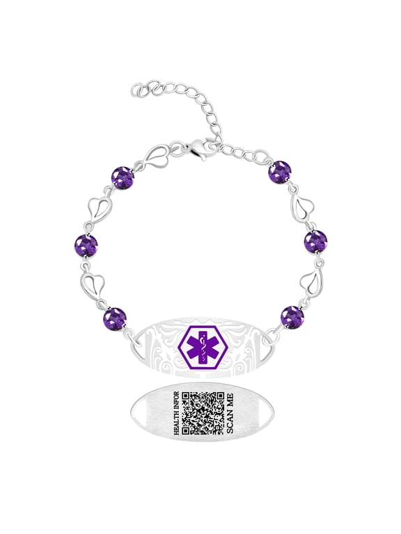 Editable QR Code Medical Alert Bracelet for Women | Stainless Steel & CZ Crystal Floral ID Bracelet | Laser Engraved Dynamic Medical Info Jewelry for Travel & Daily Wear