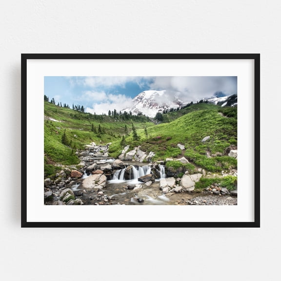 Edith Creek, Paradise, Mt. Rainier - Washington Photography Mountain Waterfall Nature Landscape Scenic Forest Wilderness Black Framed Wall Art Print 24 x 36 inches