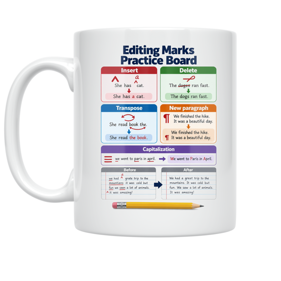 Editing Marks Practice Board - Writing Center Support - 11 oz Ceramic Coffee Mug