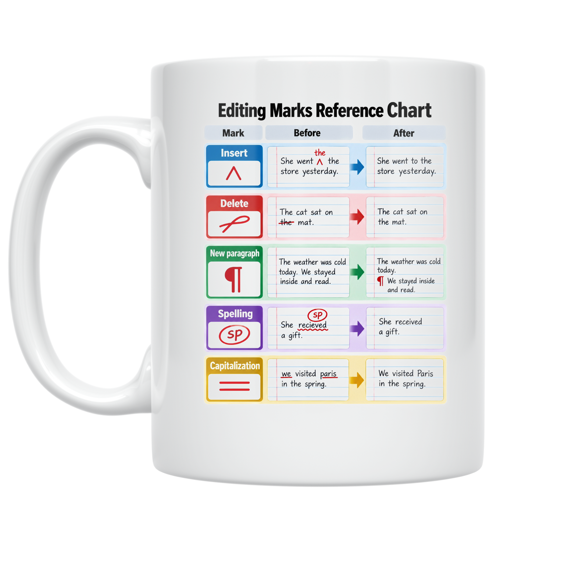 Editing Marks Reference Chart - Homeschool Language Learners - 11 oz Ceramic Coffee Mug