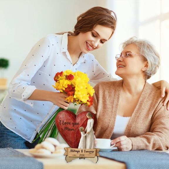 Edition Wooden Mother's Day Ornament, Love & Moon Shape with Engraved Gratitude Message, Home Desk Decoration, Small Tabletop Decor for Mom, Gift for Women, Housewarming