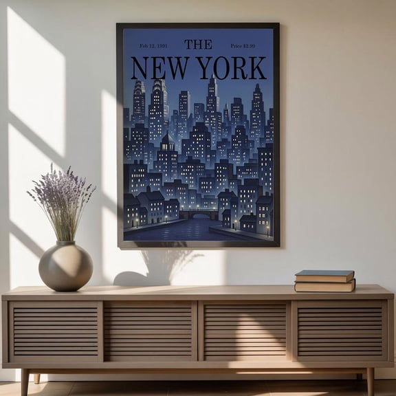 Editorial Cityscape Wall Art, Night Skyline Illustration Poster, Vintage Magazine-Style Poster, Blue Urban Landscape Decor Va-T10-409, Stretched Canvas Size 8x12