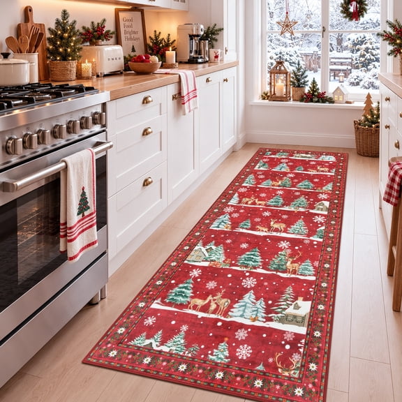 Long Red Rugs Winter Snowman Runner Rug 2.6'x12', Country Christmas Tree Snowflake ...