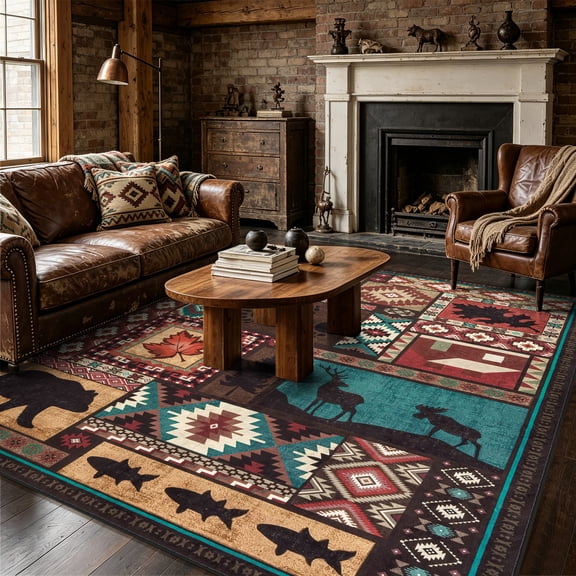 Edlbaegy Rustic Cabin 5'X7'Area Rugs for Living Room,Washable Rug Low Pile Carpet Southwestern Rug for Bedroom,Fall Decor