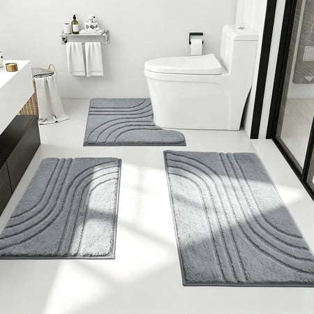 Edlbaegy Bathroom Rugs Set 3 Piece,Absorbent Bath Rugs,Shower Rug Runner Soft U Shaped Toilet Mats,Machine Washable Bath Mats for Bathroom Floor, Tub and Shower