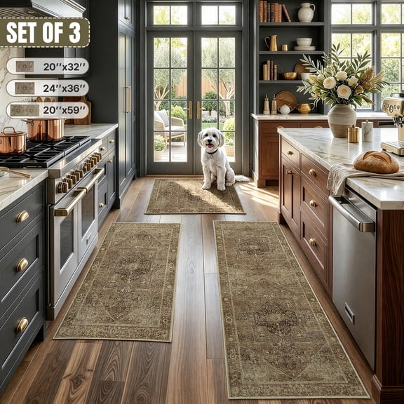 Edlbaegy Kitchen Rugs Sets of 3,Boho Farmhouse Kitchen Mats, Non Slip Washable Floor Mats for Kitchen,Sink, Laundry, Hallway